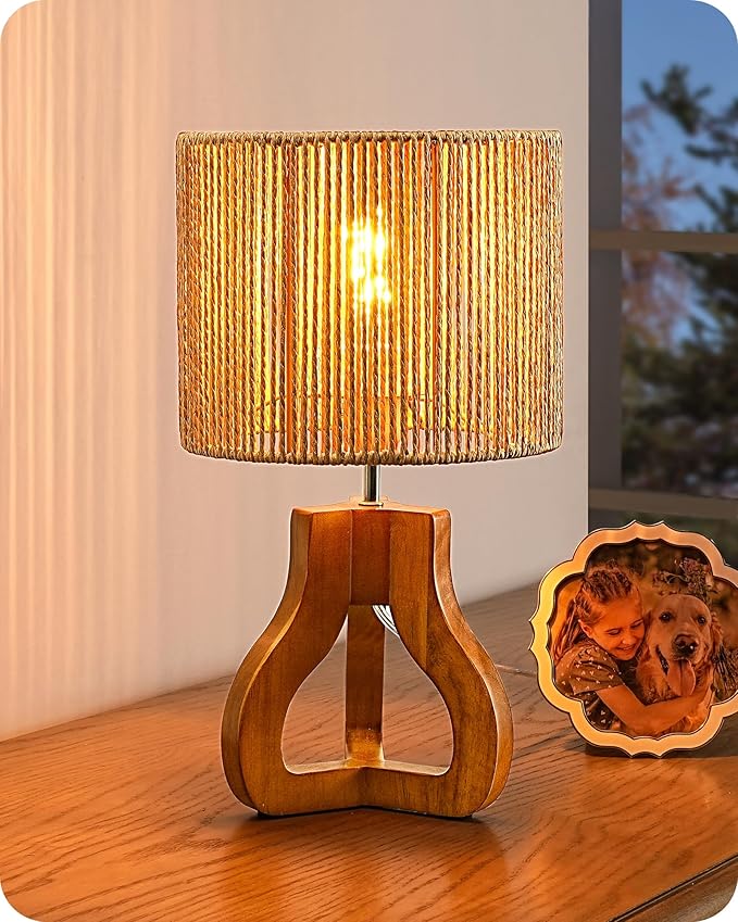 EDISHINE Small Table Lamp, Wood Rattan Nightstand Lamp with ON-Off Switch,E26 Base, Bedside Lamp for Living Room, Bedroom, Bohemian