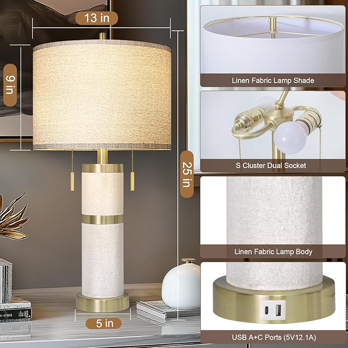 25" Linen Fabric Table Lamps Set Of 2,Lamps for Living Room With Linen Shade,S Cluster Pull Chains Dual Switch Nightstand Lamps With USB A+C Ports,Modern Lamp for Living Room,Bedroom,(Bulb Included)