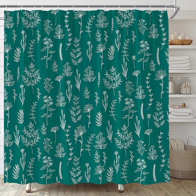 Teal Floral Shower Curtain Rustic Flower Farmhouse Plant Cute Leaves Retro Botanical Vintage Bathroom Curtain Set with Hooks(70" Wx84 H)