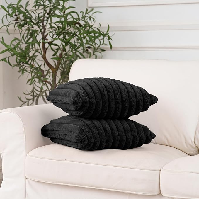 NiNi ALL Faux Fur Plush Throw Pillow Covers Black 24x24 Inch Set of 2 Decorative Soft Plush Striped Couch Pillow Cover for Sofa Cushion Cases for Couch Bed Home Decor