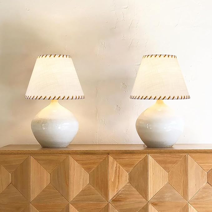 GO&SO 1 Pack White Linen Lampshades Natural Fabric Small Lamp Shades, 5"x9"x6.4" (Spider) with Stitched Brown Trim - Modern Rustic Bell Lamp Shades for Table Lamps, Wall Lamps, Bedroom, Living Room