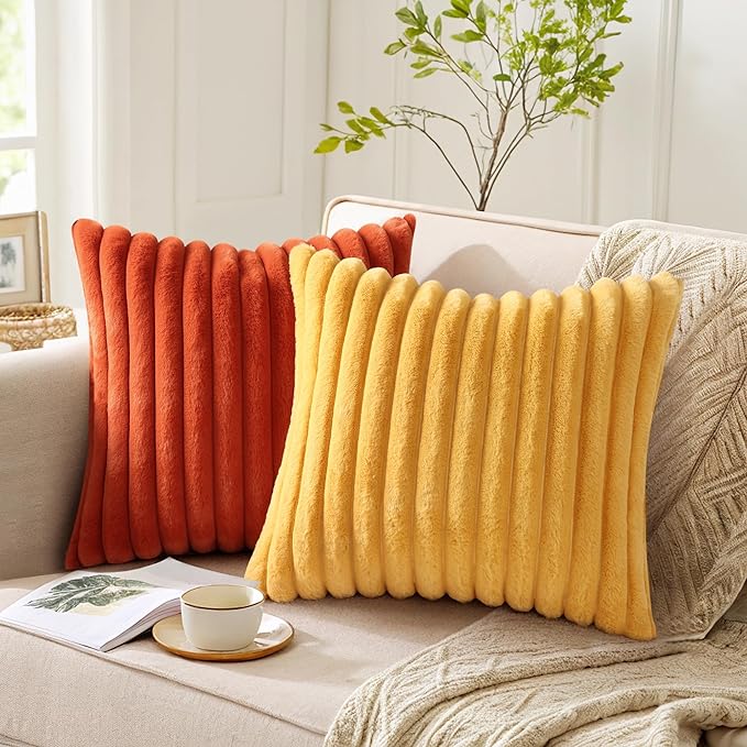 Pallene Faux Fur Plush Throw Pillow Covers 24x24 Set of 2, Luxury Soft Fluffy Striped Decorative Pillow Covers for Sofa, Couch, Living Room, Mustard Yellow