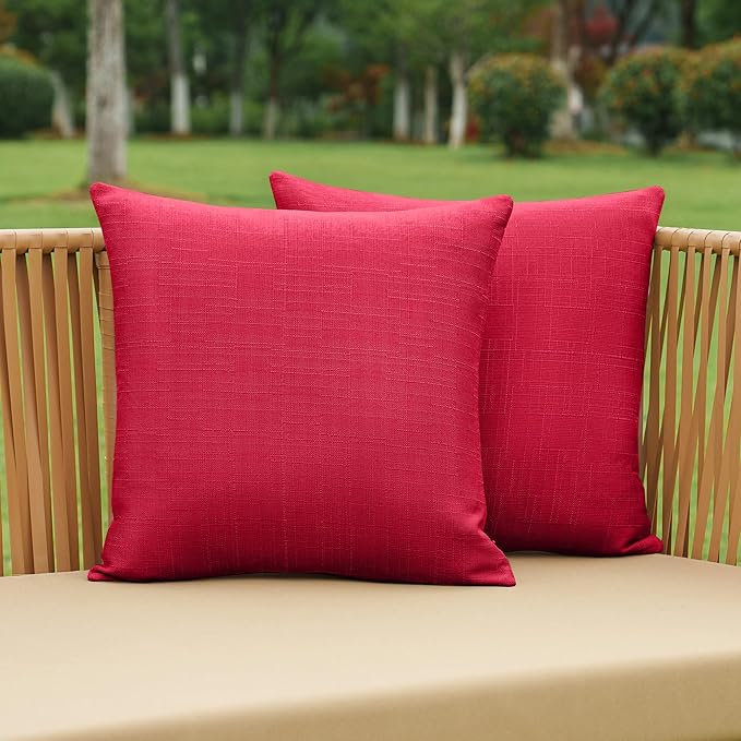 NiNi ALL Pack of 2 Decorative Outdoor Waterproof Pillow Covers Square Garden Linen Textured Cushion Sham Throw Pillowcase Set of 2 for Patio Farmhouse Garden Tent Couch 20x20 Inch Red