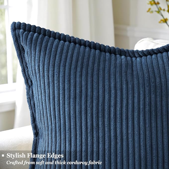 decorUhome Corduroy Navy Blue Throw Pillow Covers 22x22 Set of 2 Decorative Soft Boho Farmhouse Euro Couch Pillow Covers for Living Room Bed Sofa Broadside Striped Pillow Cases