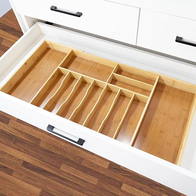 VaeFae Extra Large Kitchen Utensil Holder, Bamboo Silverware Drawer Organizer, Expandable Cutlery Organizer with Knife Block, Multifunctional Wooden Drawer Divider (10-12 compartments)