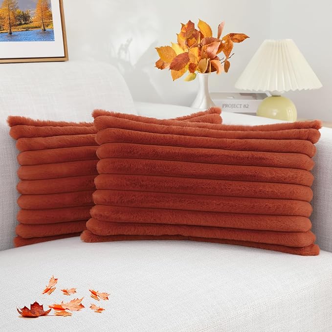 decorUhome Faux Fur Fall Throw Pillow Covers 12x20 Set of 2, Decorative Soft Plush Striped Lumbar Neutral Couch Euro Pillow Covers with Velvet Back for Sofa, Bed, Living Room Home Decor, Rust