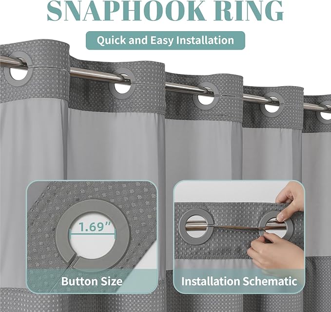 Grey No Hook Waffle Weave Shower Curtain with snap-in Liner Replacement, 230GSM Waterproof Fabric Hotel Shower Curtain Set for Bathroom, Through Mesh Top Window,54Wx74H
