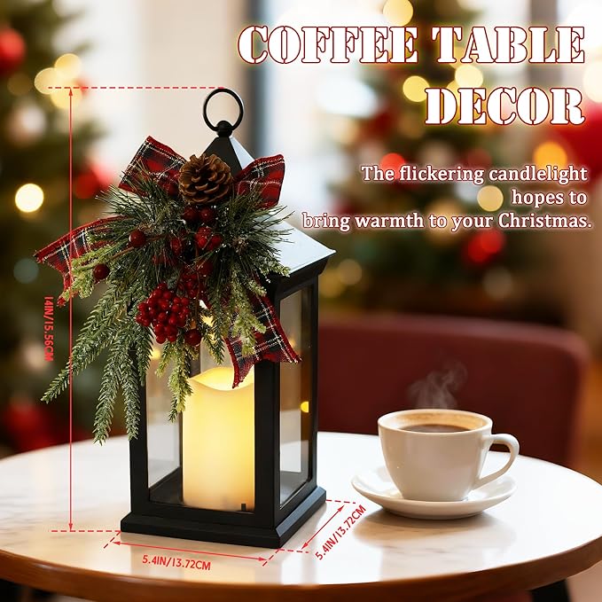 Christmas Lanterns Decorative Indoor, 14" Battery-Powered Waterproof Black LED Candle Lanterns with Timer for Patio & Outdoor, Vintage Hanging Lantern for Xmas Home Decorations, Transparent