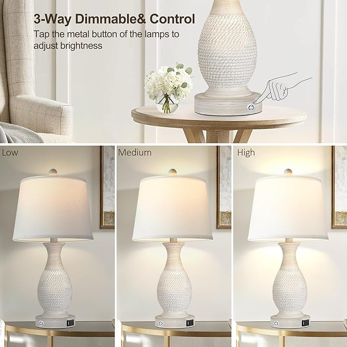 PARTPHONER Set of 2 Table Lamps with USB C+A Fast Charging Ports, 26" Tall Farmhouse Living Room Lamp with 3-Way Dimmable Nightstand Lamp White Fabric Shade for Living Room Bedroom Home Office