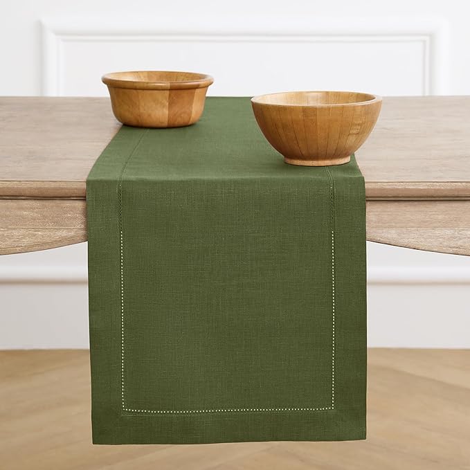 Solino Home Linen Table Runner 48 Inches - 100% Pure Linen Olive Hemstitch Table Runner 14 x 48 Inch Ideal for Dresser and Coffee Tables - Classic Hemstitch - Thanksgiving