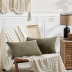 Fancy Homi 2 Packs Olive Green Lumbar Decorative Throw Pillow Covers 14x24 Inch for Couch Bed, Farmhouse Boho Home Decor, Soft Striped Corduroy Rectangle Accent Cushion Case 35x60 cm