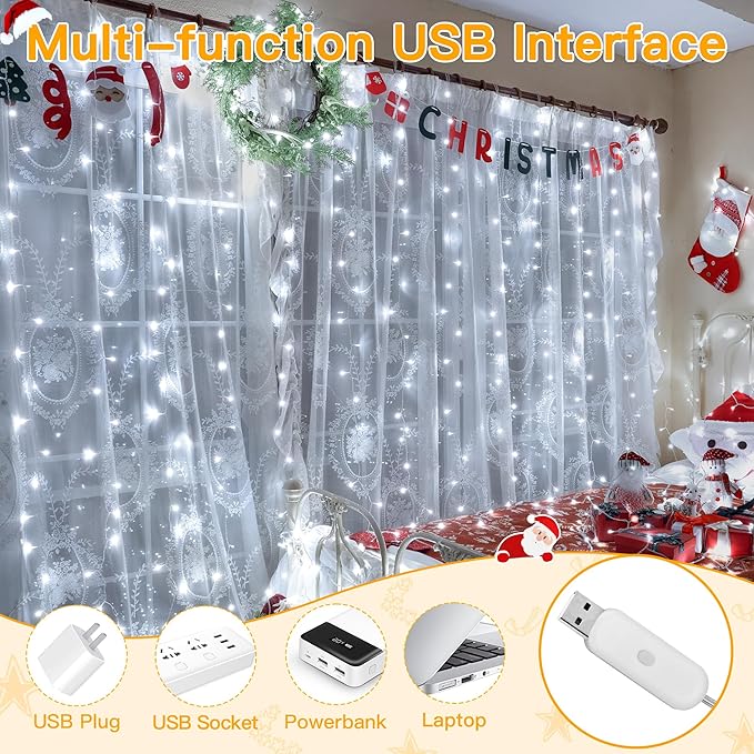 Ollny Curtain Lights 6.6x6.6ft, 200 LED White Christmas Lights with Remote 8 Modes Dimmable Timer, USB Power String Light for Bedroom Backdrop Indoor Window Wedding Decorations
