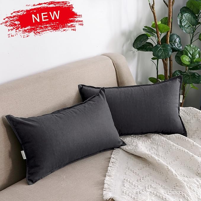 Jeanerlor Natural Cotton Linen Decorative Lumbar Throw Pillow Case Dark Grey Cushion Cover with Twin Needles Stitch on Edge,for Office/Coffee Shop 12"x20" 2 pack