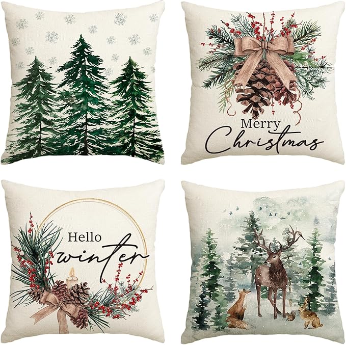 AVOIN colorlife Merry Christmas Trees Reindeer Snowflake Throw Pillow Covers, 16 x 16 Inch Xmas Red Berries Hello Winter Holiday Cushion Case Decoration for Sofa Couch Set of 4