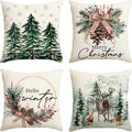 AVOIN colorlife Merry Christmas Trees Reindeer Snowflake Throw Pillow Covers, 16 x 16 Inch Xmas Red Berries Hello Winter Holiday Cushion Case Decoration for Sofa Couch Set of 4