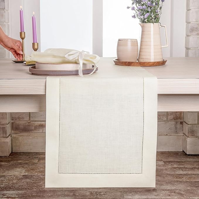 D'Moksha Homes Linen Ivory Table Runner 90 Inches Long - Classic Hemstitch 100% Pure Linen Dining Table Runner 14 x 90 Inch for Fall, Autumn and Halloween