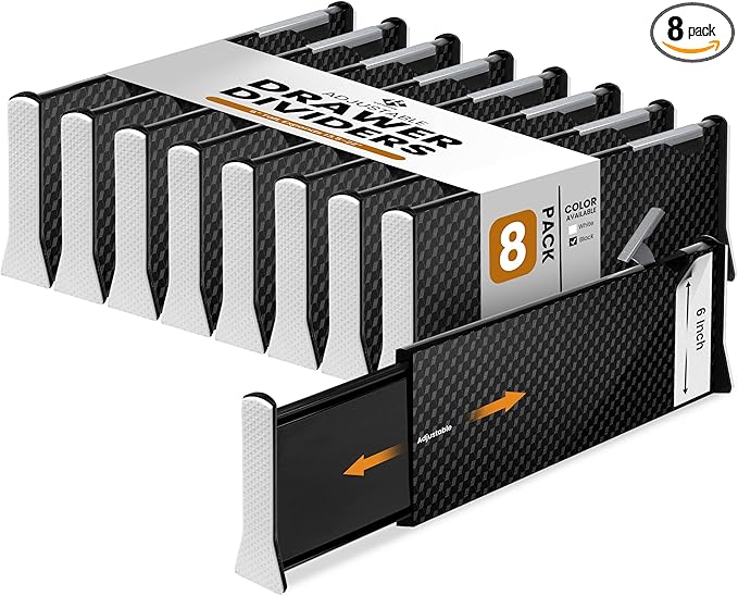 RAPTUROUS Deep Drawer Dividers 8 Pack, 6 Inch Tall, 13-22 Inch Long Expandable, Adjustable Drawer Organizer for Clothing, Dresser, Kitchen, Strong Hold, Soft Foam Edges, Black