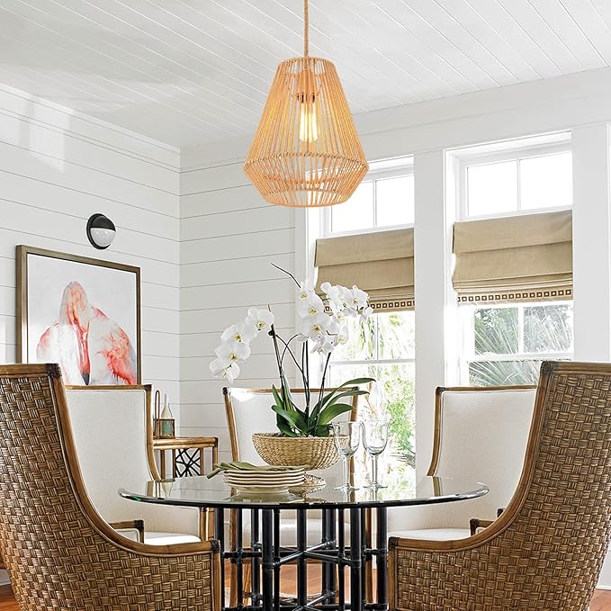 Woven Pendant Lights Hanging Lamp with 12" Hand Rattan Basket Shade Antique Brass Brush Paint Finish for Kitchen Island Farmhouse Dining Room Bar Bedroom Foyer Hallway
