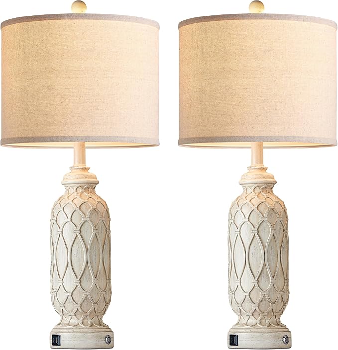 28" Table Lamps for Living Room Set of 2, Farmhouse Lamps for Bedroom with USB Ports, 3-Way Dimmable Nightstand Table Lamp (Bulbs Included)