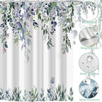 Eucalyptus Shower Curtain, Dark Green Watercolor Leaves with Floral Botanical Bathroom Decor, Waterproof Fabric Bath Curtain Set with Hooks, 72x78 Inches