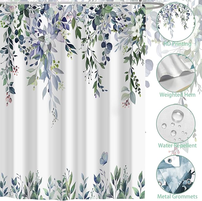 Eucalyptus Shower Curtain, Dark Green Watercolor Leaves with Floral Botanical Bathroom Decor, Waterproof Fabric Bath Curtain Set with Hooks, 72x78 Inches