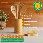 Riveira Bamboo Wooden Spoons for Cooking 9-Piece with Holder, Apartment Essentials Wood Spatula Spoon Nonstick Kitchen Utensil Set Premium Quality Housewarming Gifts for Everyday Use