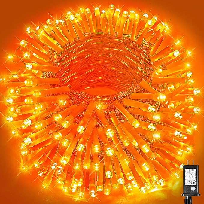 Vivideal 100ft 300 LED Orange Halloween Lights Outdoor Waterproof Halloween String Lights Indoor 8 Modes Clear Wire, Plug in Orange Christmas Light for Xmars Tree Bedroom Thanksgiving Decorations