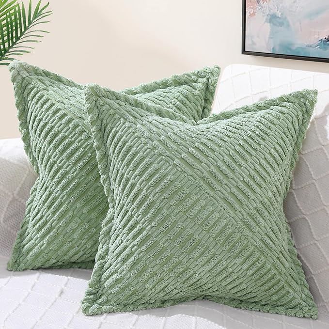 decorUhome Decorative Sage Green Throw Pillow Covers 18x18 Set of 2 with Splicing, Boho Soft Neutral Corduroy Broadside Twill Pillow Covers for Couch Bed Sofa Living Room