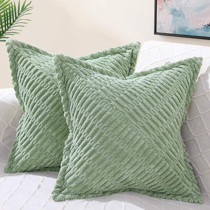 decorUhome Decorative Sage Green Throw Pillow Covers 24x24 Set of 2 with Splicing, Boho Soft Neutral Corduroy Broadside Twill Pillow Covers for Couch Bed Sofa Living Room
