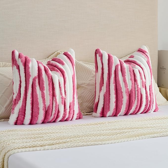 FUTEI Blush Decorative Throw Pillow Covers 20x20 Inch Set of 2, Soft Tie-Dye Faux Rabbit Fur Striped Texture Cushion Case, Modern Home Decor for Couch Bed Living Room