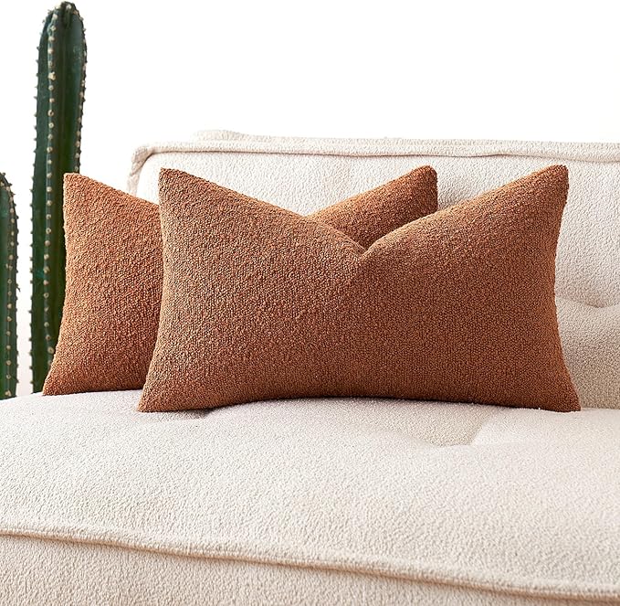 MIULEE 12x20 Inch Decorative Lumbar Throw Pillows for Bed Set of 2 Textured Boucle Neutral Winter Throw Pillow Covers Rust Accent Solid Pillowcases Sofa Livingroom Home Decor