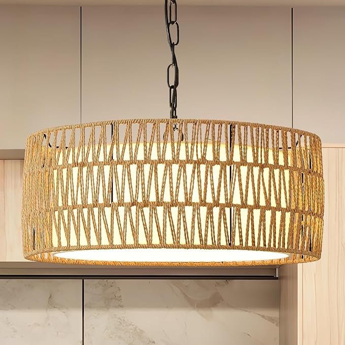 Farmhouse Rattan Chandelier Light Fixture, Boho Pendant Light Hand Woven Chandeliers for Dining Room with Fabric Shade, Large Wicker Coastal Pendant Light for Kitchen Bedroom Island Hallway