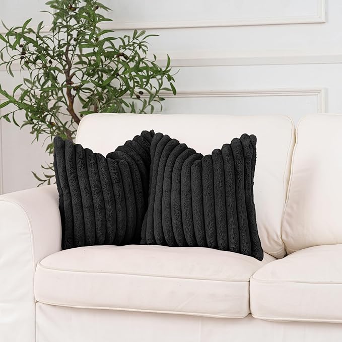 NiNi ALL Faux Fur Plush Throw Pillow Covers Black 22x22 Inch Set of 2 Decorative Soft Plush Striped Couch Pillow Cover for Sofa Cushion Cases for Couch Bed Home Decor