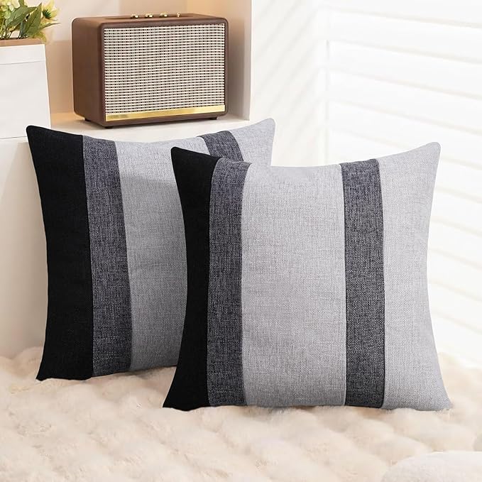 Adabana Modern Pillow Covers 18x18 Set of 2 Farmhouse Decor Patchwork Linen Cushion Covers for Living Room Couch Bed Black and Grey