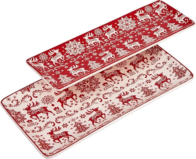 Bico Holly Jolly Ceramic 14 inch Rectangular Serving Platter, Set of 2, for Serving Salad, Pasta, Cheese, Ham, Appetizer, Microwave & Dishwasher Safe