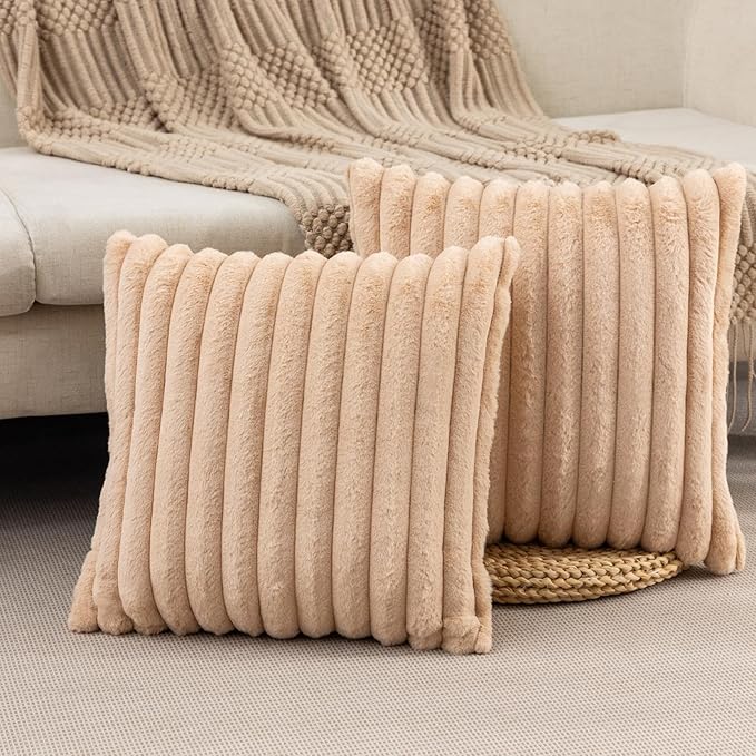 ZLINA Set of 2 Apricot Faux Fur Decorative Throw Pillow Covers Fluffy Striped Pillowcase Cushion Covers 22 x 22 Inch Decor Sofa Couch Bedroom