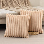 ZLINA Set of 2 Apricot Faux Fur Decorative Throw Pillow Covers Fluffy Striped Pillowcase Cushion Covers 16 x 16 Inch Decor Sofa Couch Bedroom