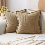MIULEE Decorative Throw Pillow Covers for Couch Bed Livingroom 18x18 Inch Set of 2 Khaki Boho Accent Throw Pllows Broadside Striped Patchwork Soft Corduroy Pillowcases