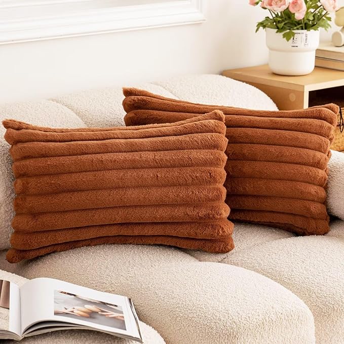 Double-Sided Faux Fur Plush Throw Pillow Covers 12x20 Set of 2 Fuzzy Striped Soft Cozy Pillowcase Luxury Decorative Pillows Rectangle Shaggy Cushion Covers for Couch Sofa Bed,Brown