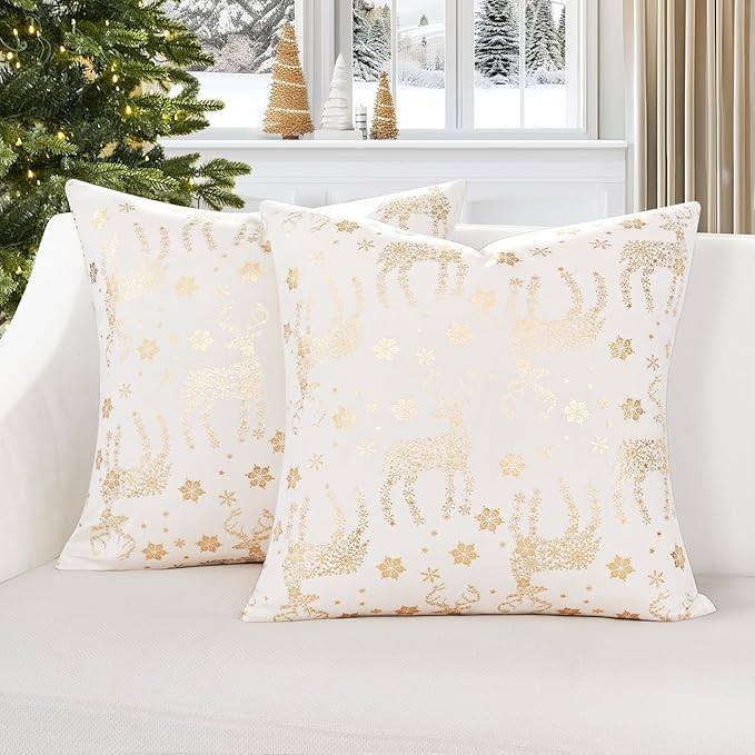 Topfinel Christmas Pillow Covers 16x16 Set of 2,Xmas Cream Velvet Snowflake Reindeer Decorative Pillow Case Winter Holiday Decor for Home Couch,White and Gold