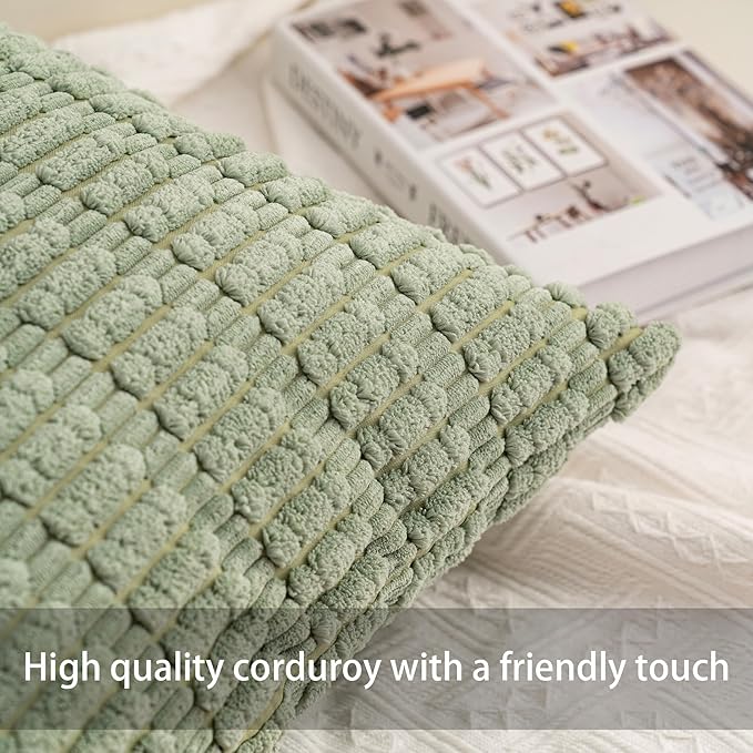 Pack of 2 Corduroy Decorative Throw Pillow Covers 20x20 InchSoft Striped Pillow Covers Modern Farmhouse Home Decor for Sofa Living Room Couch Bed（Green）