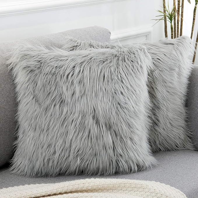 WLNUI Set of 2 Light Grey Christmas Decorative Pillow Covers New Luxury Series Merino Style Faux Fur Fluffy Throw Pillow Covers Fuzzy Cushion Case for Sofa Bedroom Living Room Home Decor 18x18 Inch