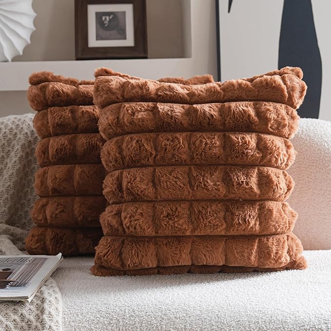 Neelvin Brown Faux Fur Cozy Soft Plaid Decorative Throw Pillow Covers 20x20 inch Set of 2,Velvet Pillowcase Cushion Case for Sofa Couch