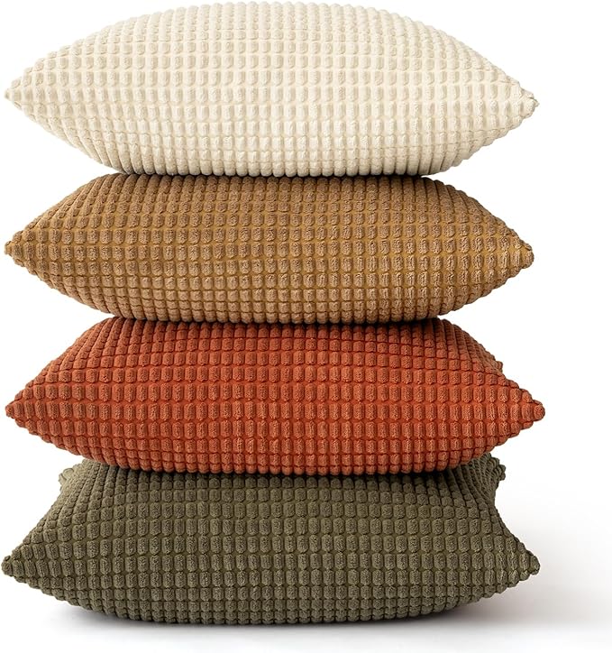 MIULEE Modern Farmhouse Decorative Pillow Covers 18x18 Inch Set of 4 Natural Rustic Throw Pillows Neutral Warm Soft Corduroy Couch Pillowcases Home Decor for Sofa Living Room Bed Brown Green