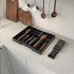 Bamboo Kitchen Drawer Organizer, Expandable Utensil Organizer with Removable Knife Block, Cutlery Tray Holder with Divider, Adjustable Silverware Organizer, Black