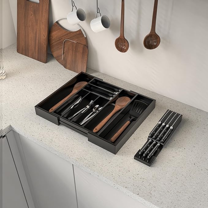 Bamboo Kitchen Drawer Organizer, Expandable Utensil Organizer with Removable Knife Block, Cutlery Tray Holder with Divider, Adjustable Silverware Organizer, Black
