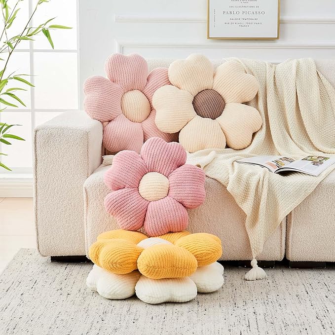 Flower Throw Pillow, Cute Flower Shaped Pillow Decorative Throw Pillow for Bed Couch, Soft Daisy Pillows Floor Seating Cushion Cushions (14.9 Inch Ivory+Pink)