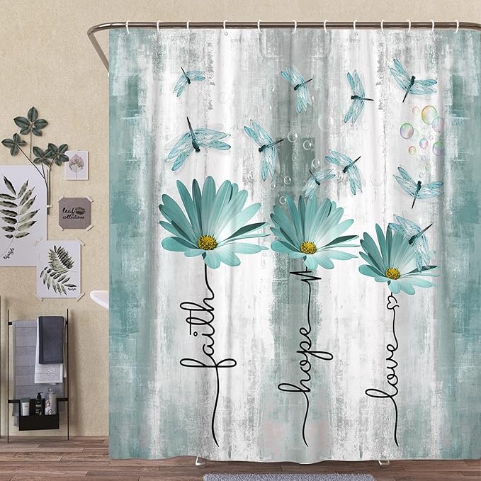 Rusitc Farmhouse Floral Shower Curtain, Farm Teal Country Daisy Flower Dragonfly and Faith Hope Love Inspirational Words Shower Curtain Set, Turquoise Balck White Bathroom Accessories Hooks, 70X84IN