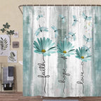 Rusitc Farmhouse Floral Shower Curtain, Farm Teal Country Daisy Flower Dragonfly and Faith Hope Love Inspirational Words Shower Curtain Set, Turquoise Balck White Bathroom Accessories Hooks, 36X70IN