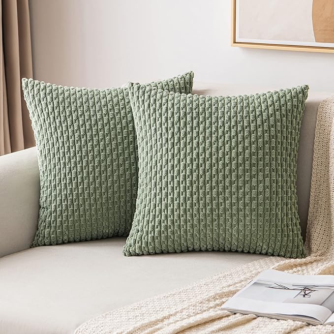 MIULEE Pack of 2 Decorative Throw Pillow Covers 16x16 Inch Soft Boho Striped Textured Corduroy Pillow Covers Modern Farmhouse Home Decor for Couch Bed Sofa Living Room Sage Green